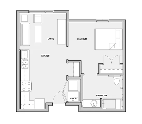 A floor plan with labeled rooms including a living room, bedroom, kitchen, laundry, and bathroom.
